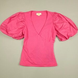Maeve Anthropologie Puff Sleeve Top Women XXS Pink  V-Neck Short Sleeve Shirt